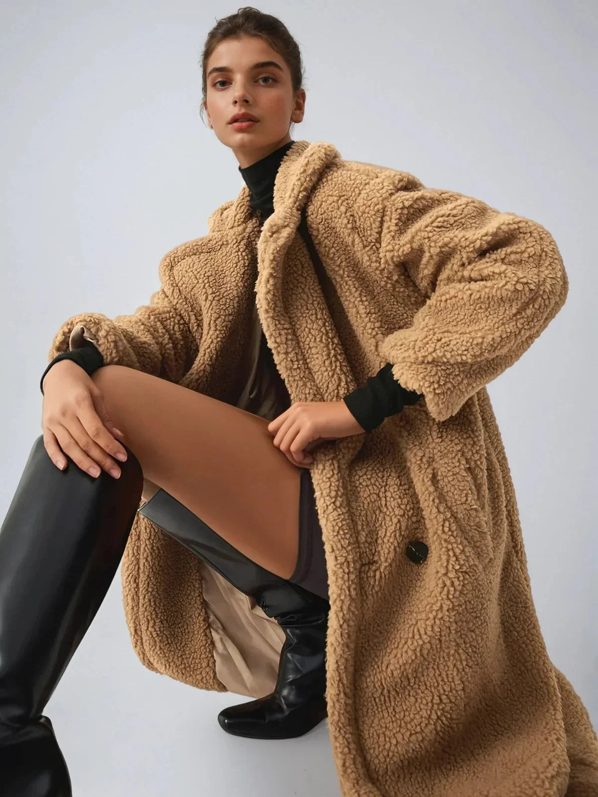 Terracotta Double Pockets Flurry Longline Fleece Jacket - LA FEMME WANDERER