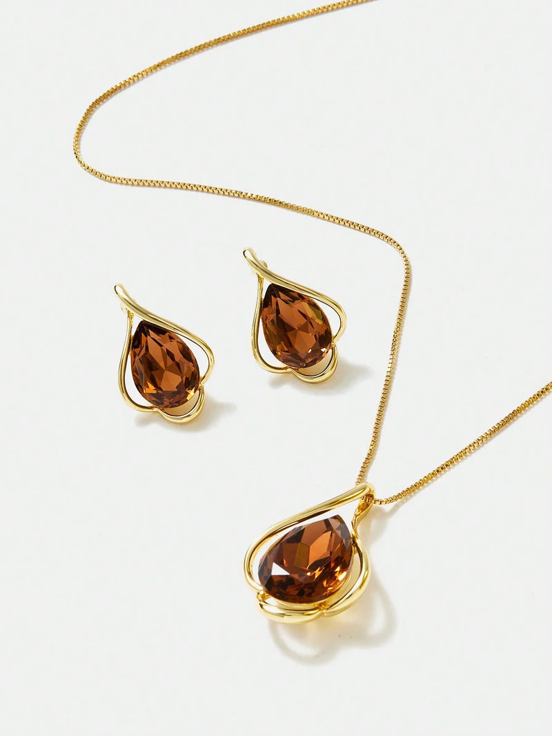 Cubic Zirconia Earrings Necklace Set Champagne Copper Shine