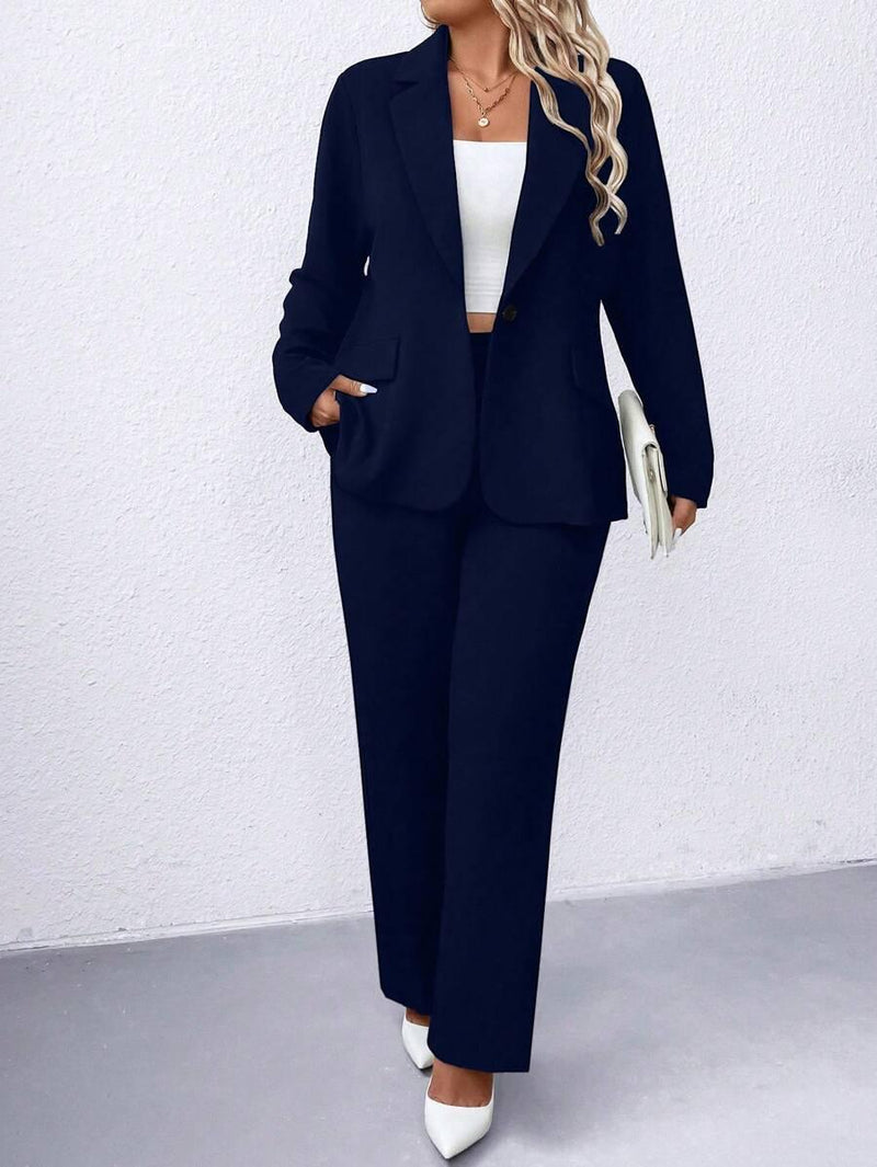 Plus Size Navy Blazer Notched Collar Office Ready Essential