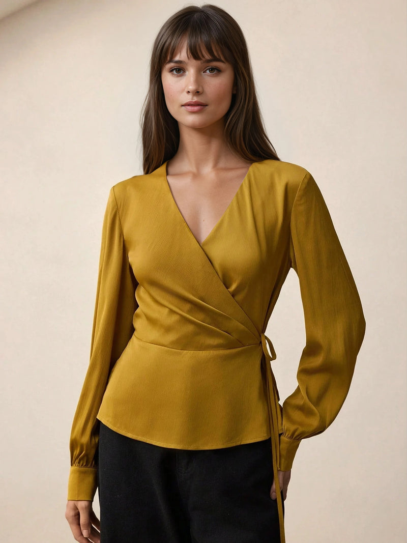 Satin Blouse With Tie Waist Peplum V Neck Long Sleeve