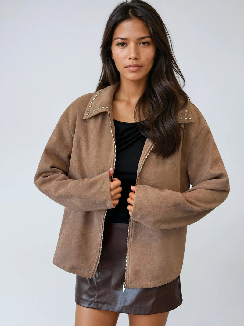 Jacke mit Perlenkragen und Reißverschluss vorne und lässiger, lockerer Passform