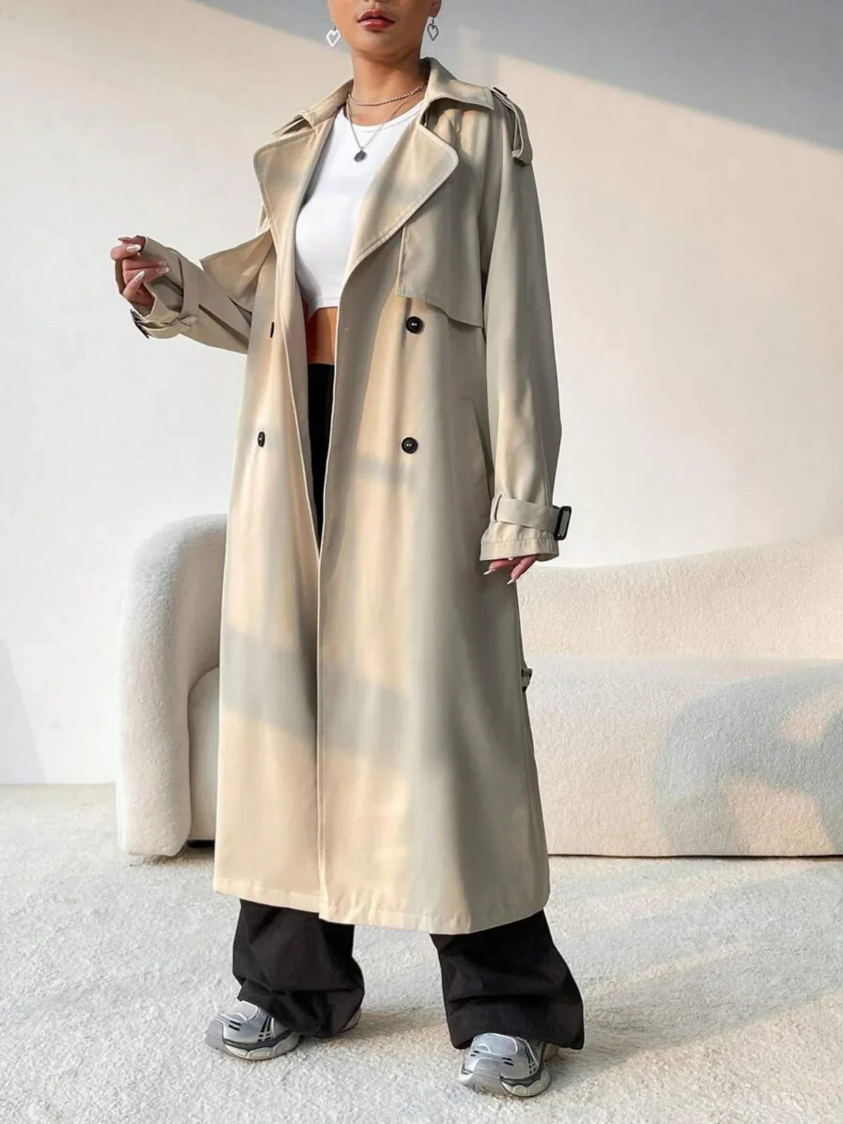 Elegant Long Solid Color Trench Coat - LA FEMME WANDERER