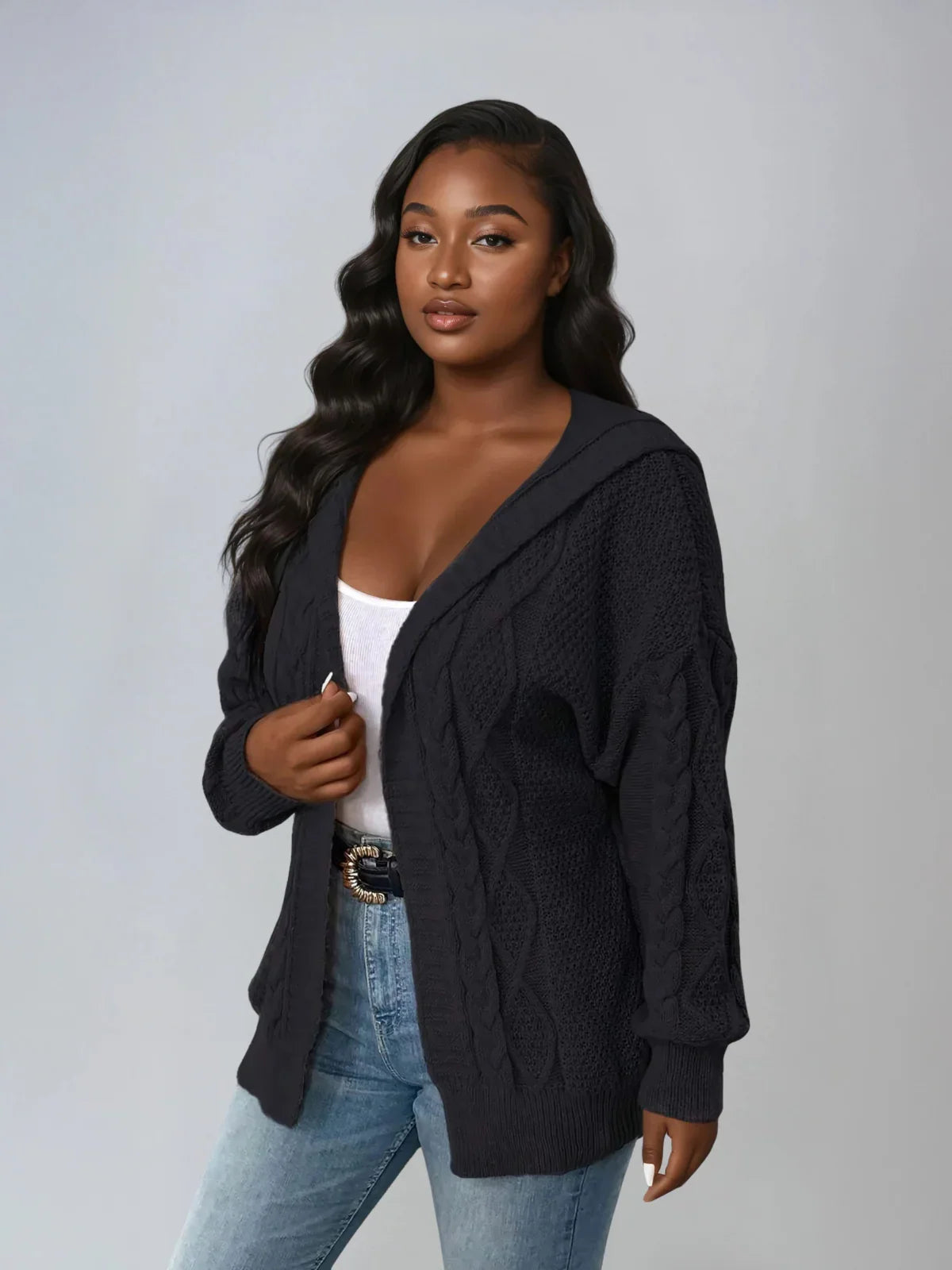 Plus Size Hooded Cable Knit Cardigan Open Front Casual - LA FEMME WANDERER