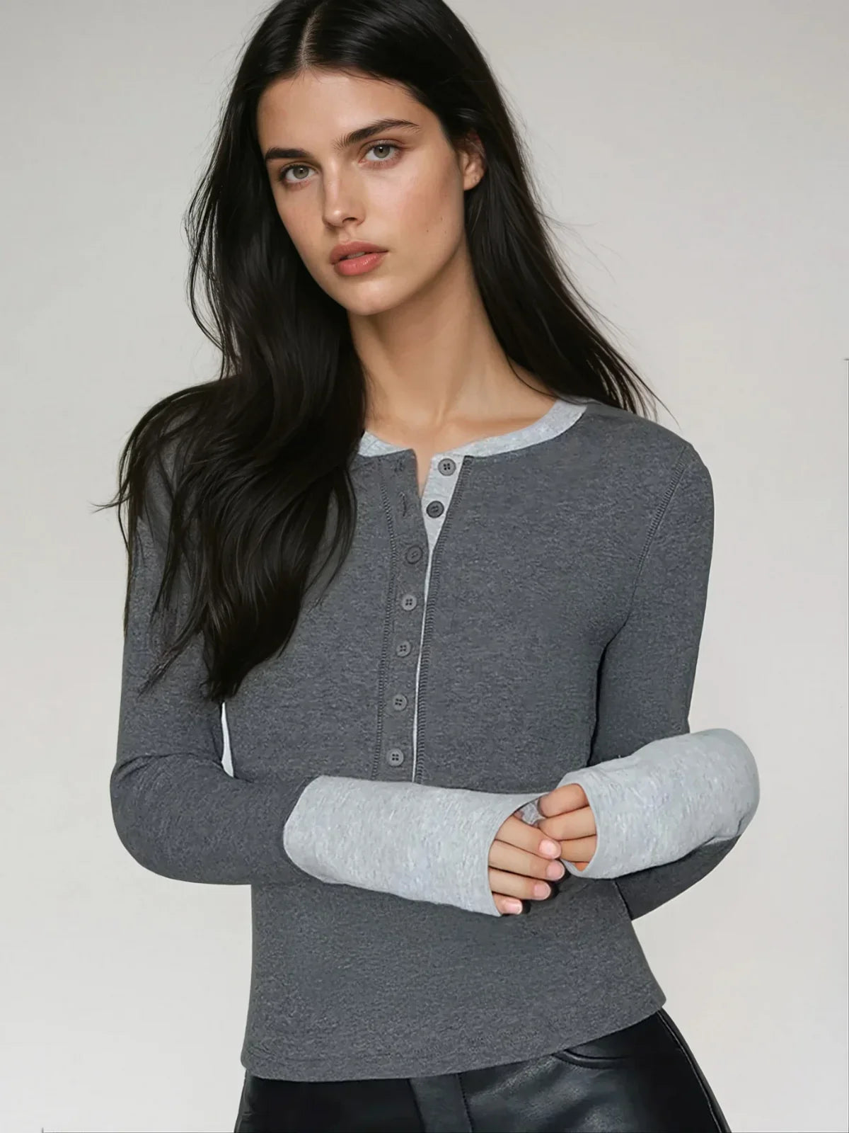 Modern Classic Contrast Cuff Henley - LA FEMME WANDERER