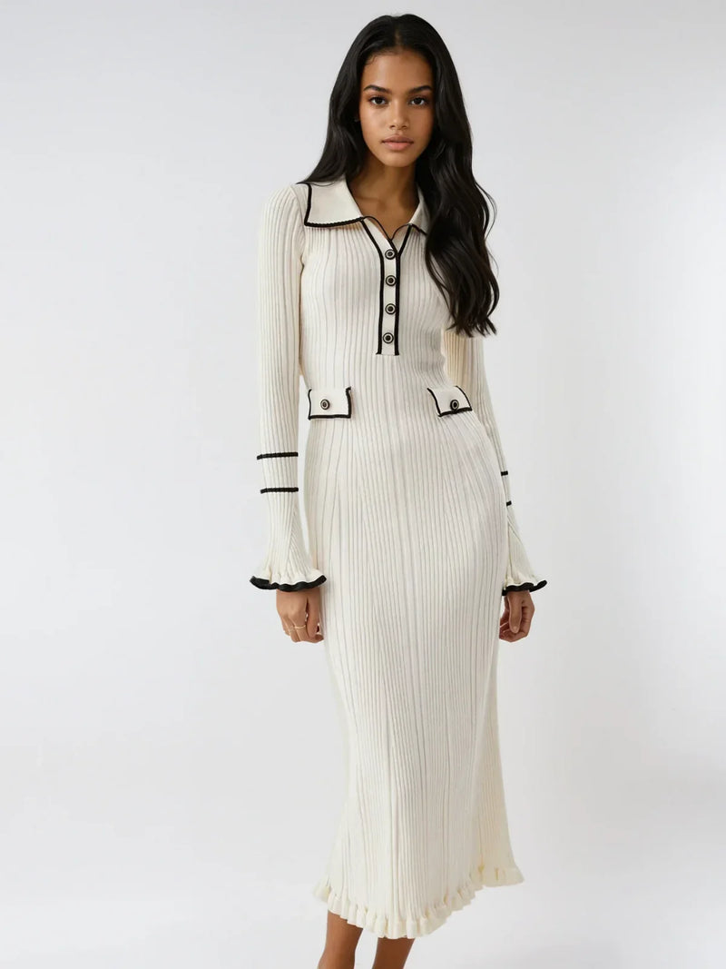 Oldmoney Style – Midikleid mit kontrastierendem Rüschenbesatz