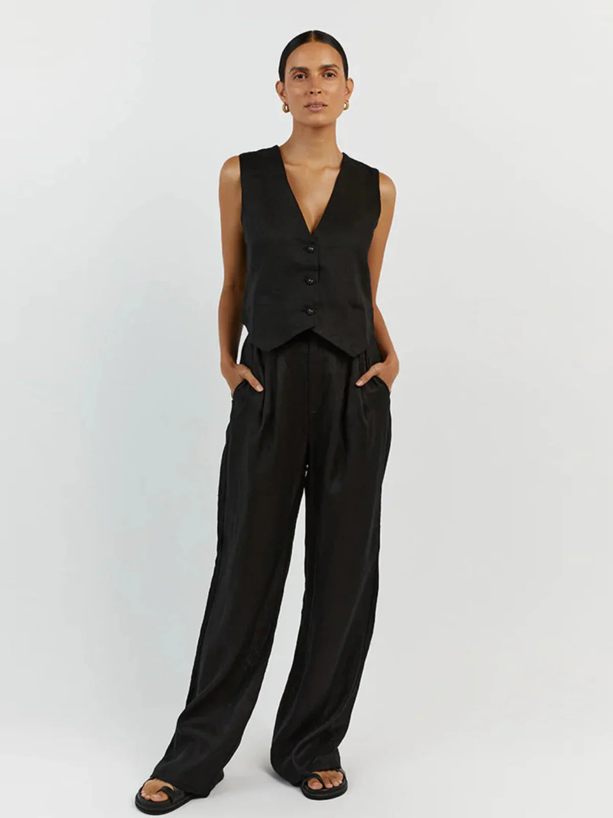 Casual Style Linen Vest & Trousers Set - LA FEMME WANDERER