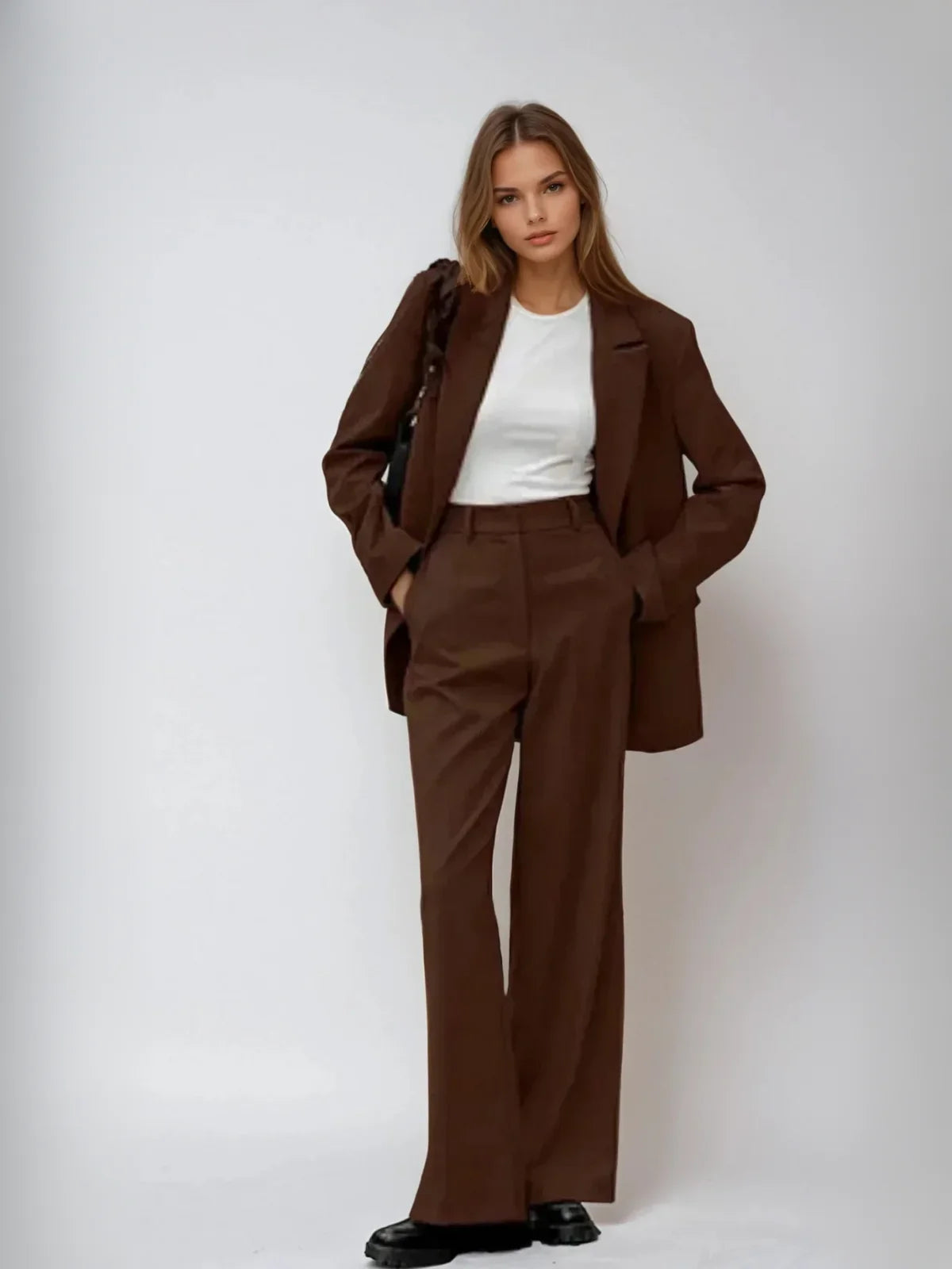 Mocha Vintage Blazer & Wide-leg Pants Matching Set - LA FEMME WANDERER