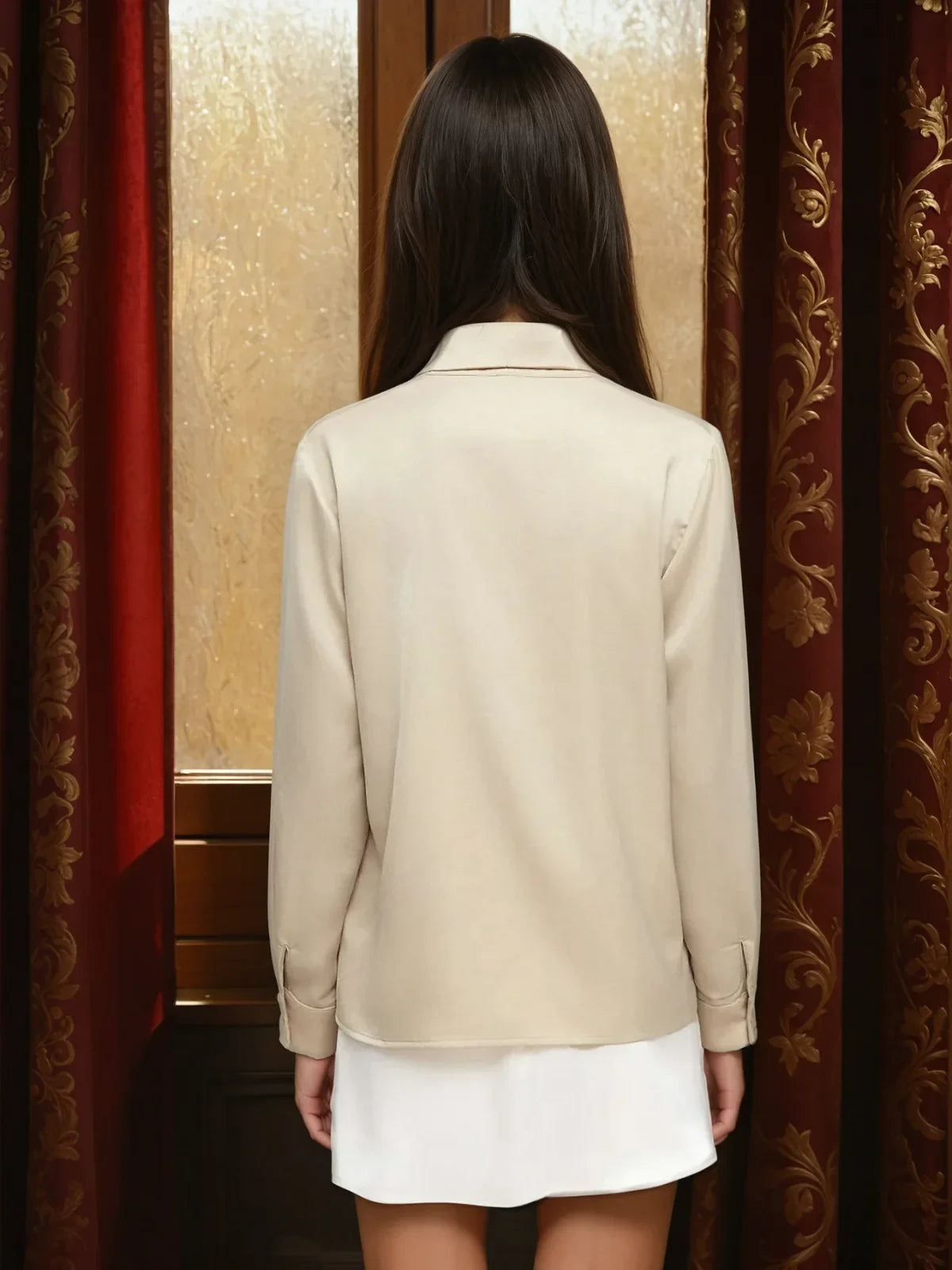 Collar Metal Hook Long Sleeve Blouse With Tie - LA FEMME WANDERER