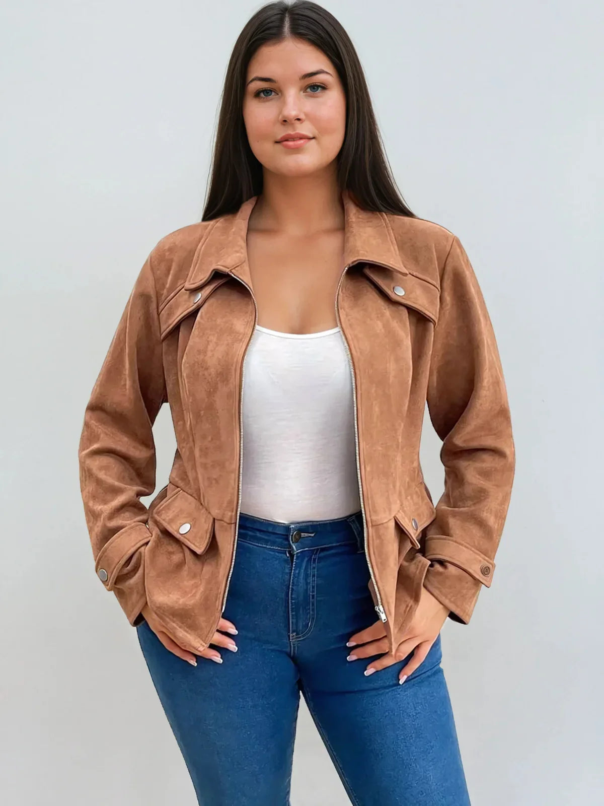 Plus Size Waisted Burgundy Casual Jacket With Front Zipper - LA FEMME WANDERER