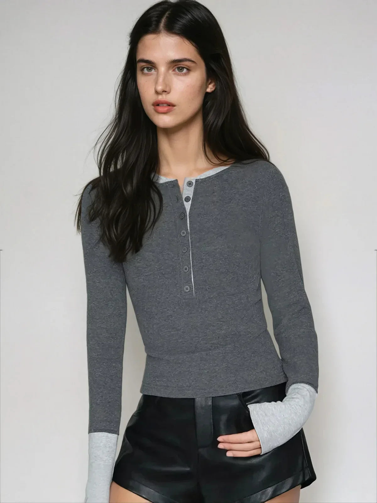 Modern Classic Contrast Cuff Henley - LA FEMME WANDERER