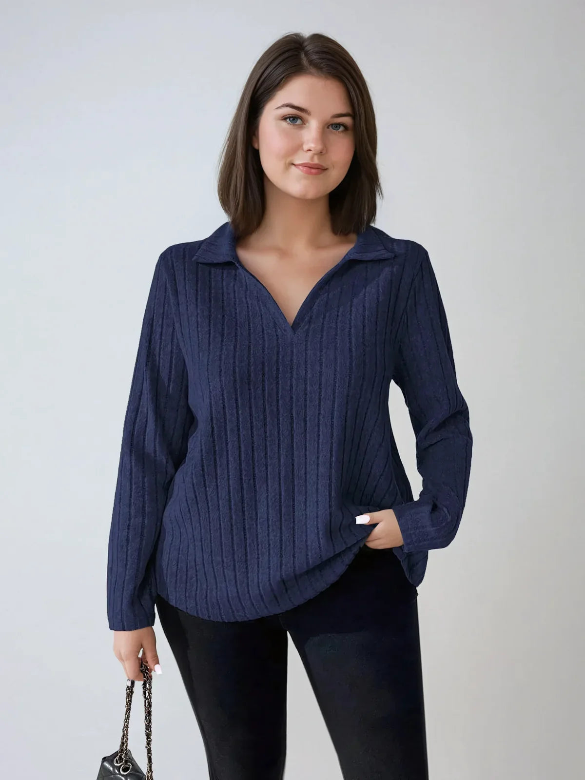 Plus Size Ribbed Turndown Collar Long Sleeve Tee Casual - LA FEMME WANDERER