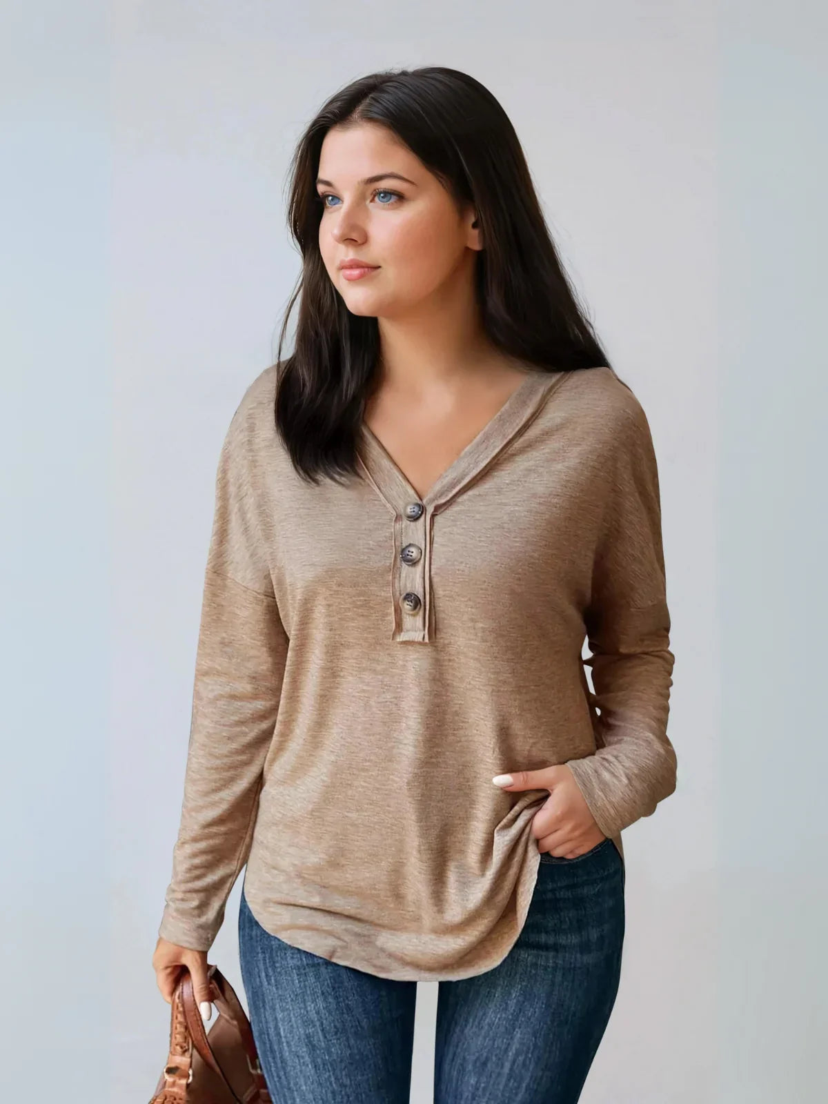 Plus Size V Neck Long Sleeve Shirt Oversized - LA FEMME WANDERER
