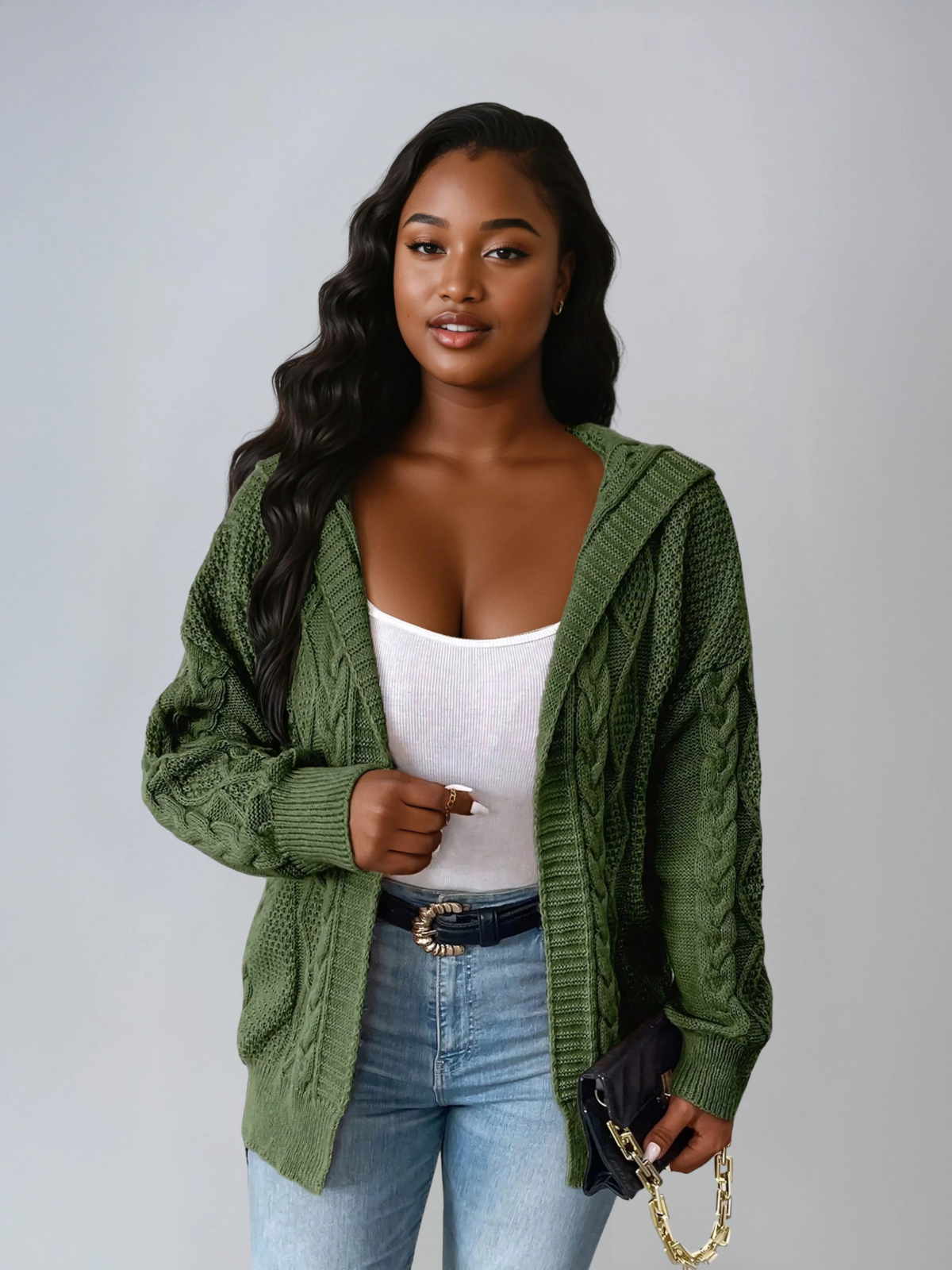 Plus -Größe Kapuzenkabel -Strick -Strickjacke offen vorne lässig lässig