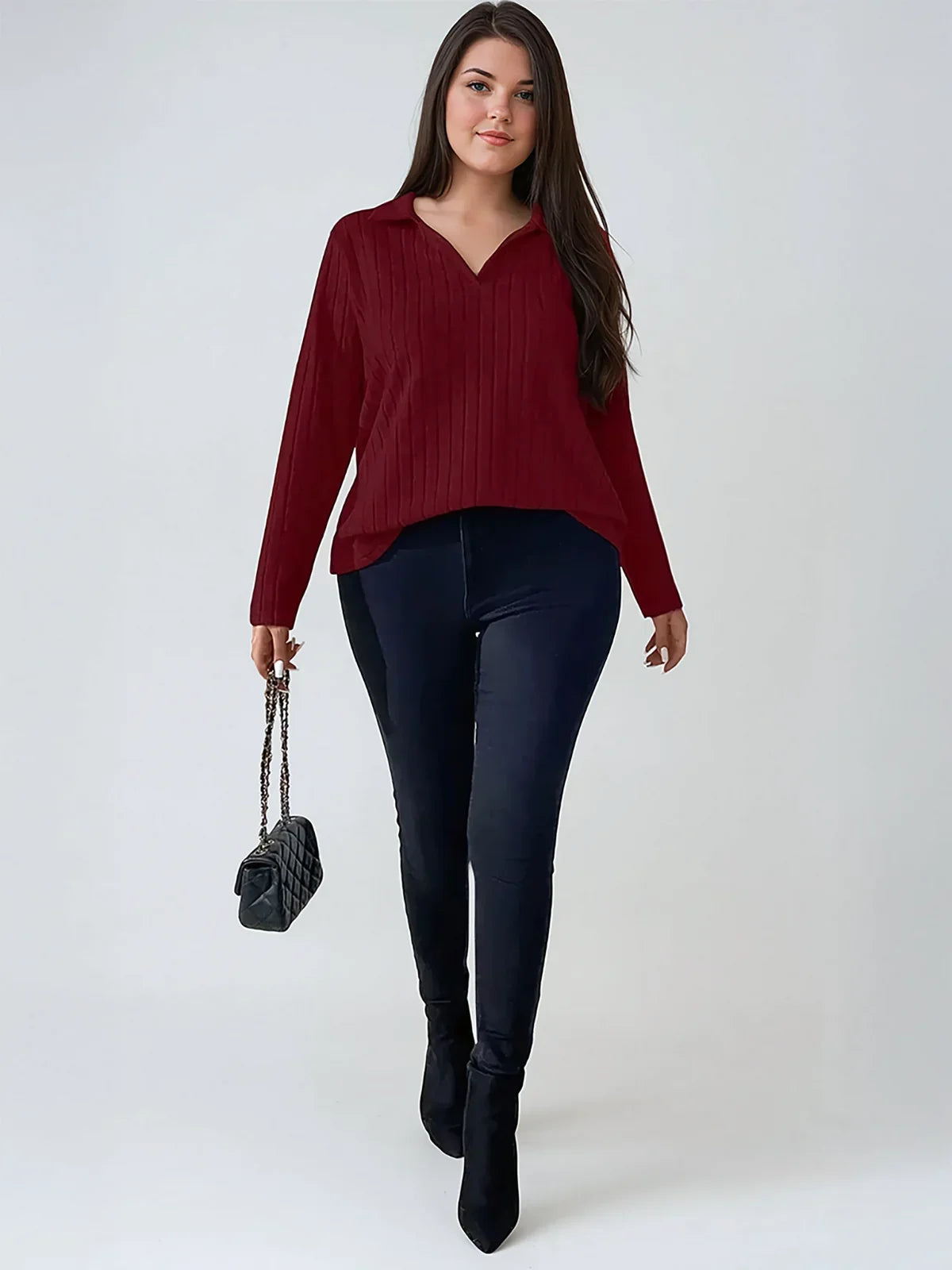 Plus Size Ribbed Turndown Collar Long Sleeve Tee Casual - LA FEMME WANDERER