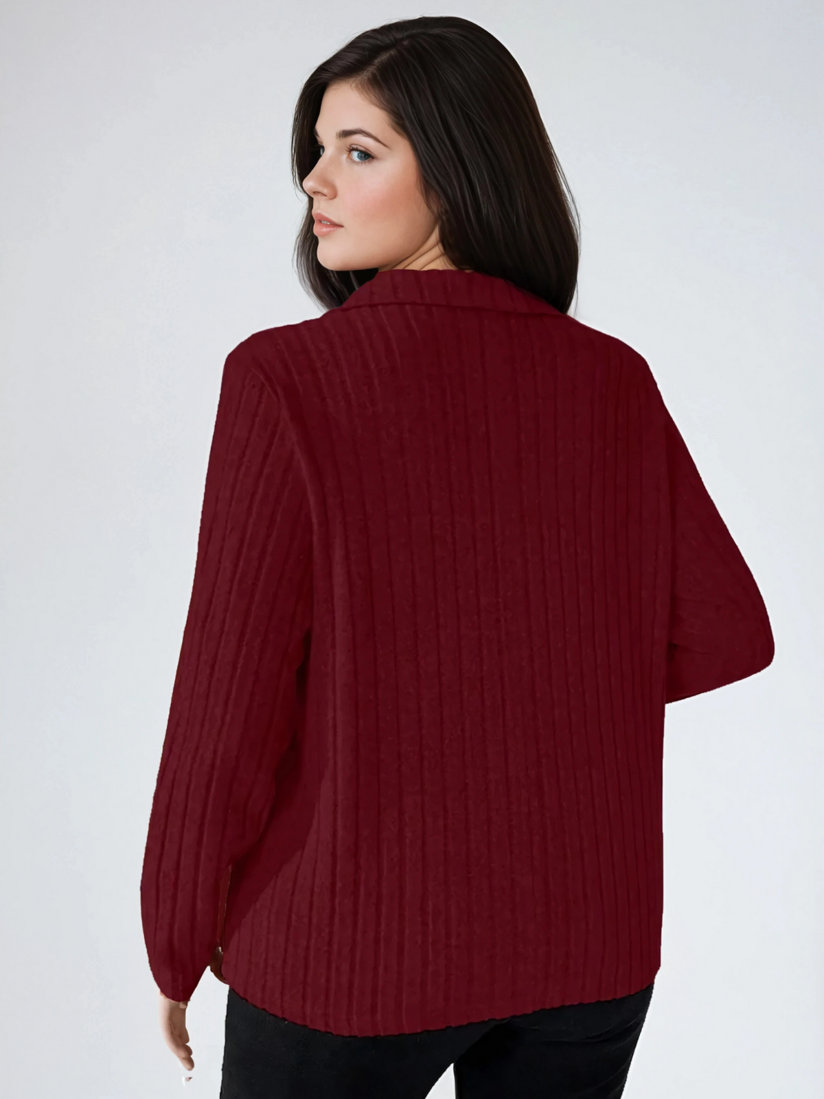 Plusgröße gerippte Turndown -Kragen Langarm Tee Casual Casual