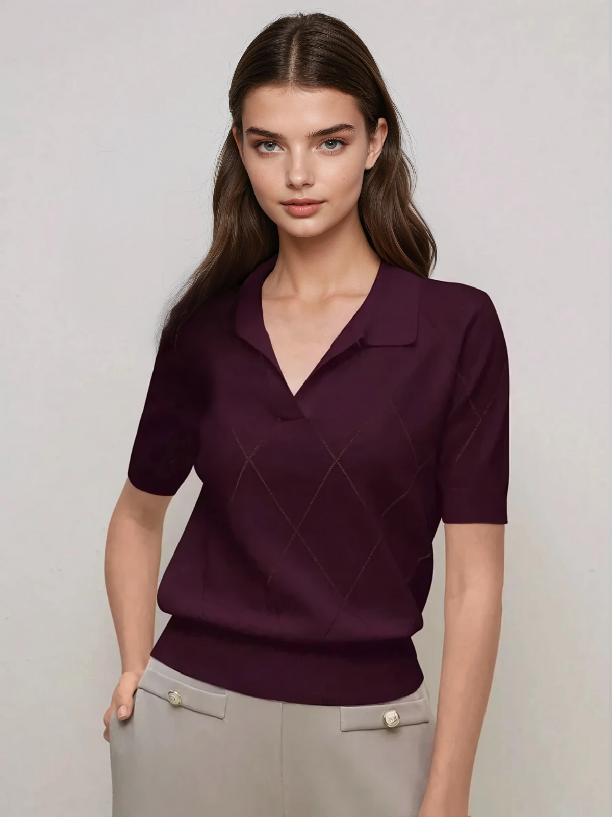 Diamond Knit Polo Collar Short Sleeve Pullover Soft Casual