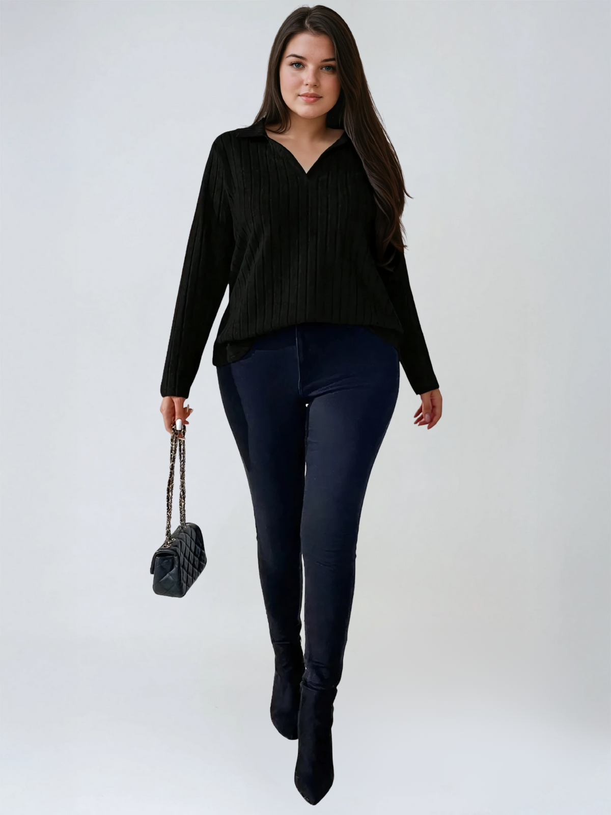 Plusgröße gerippte Turndown -Kragen Langarm Tee Casual Casual