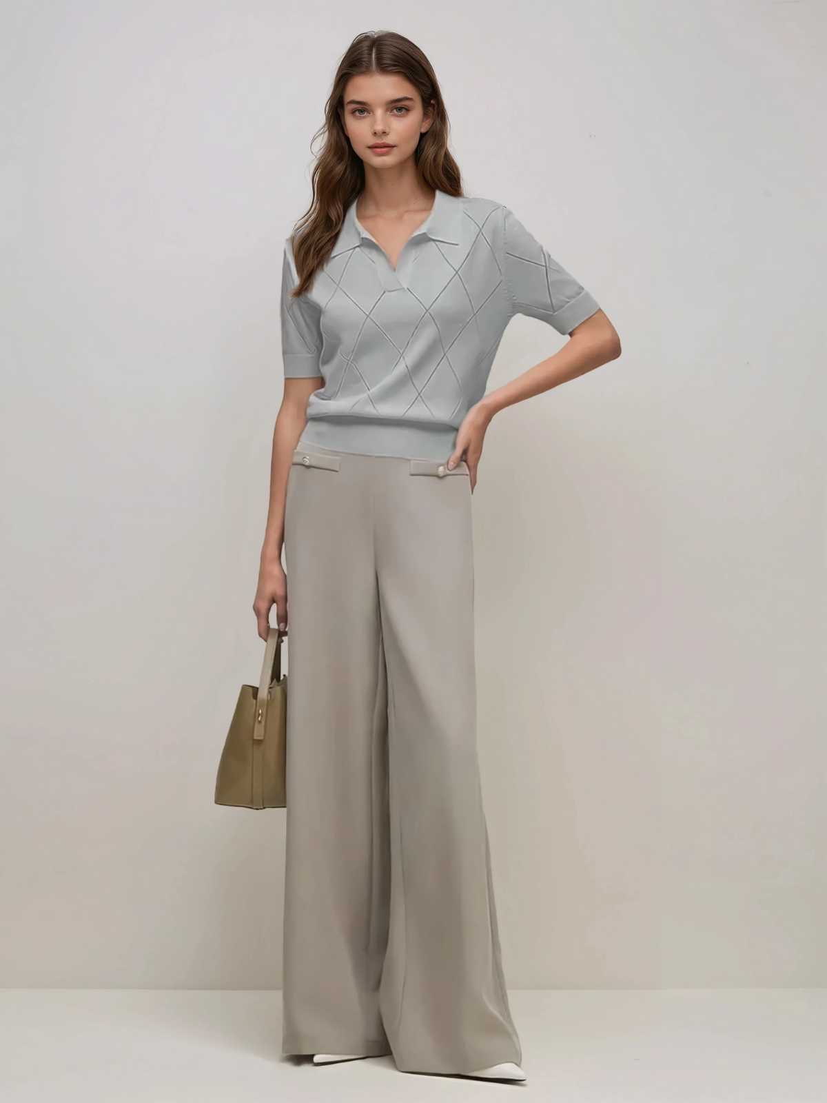 Diamond Knit Polo Collar Short Sleeve Pullover Soft Casual