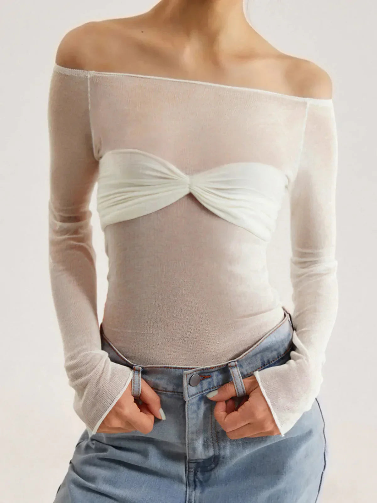 Nostalgia Off-Shoulder Mesh Long Sleeve Shirt - LA FEMME WANDERER