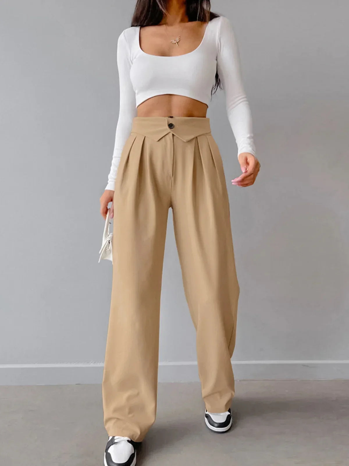 Street Fold Over Waistband Straight Leg Dress Pants - LA FEMME WANDERER