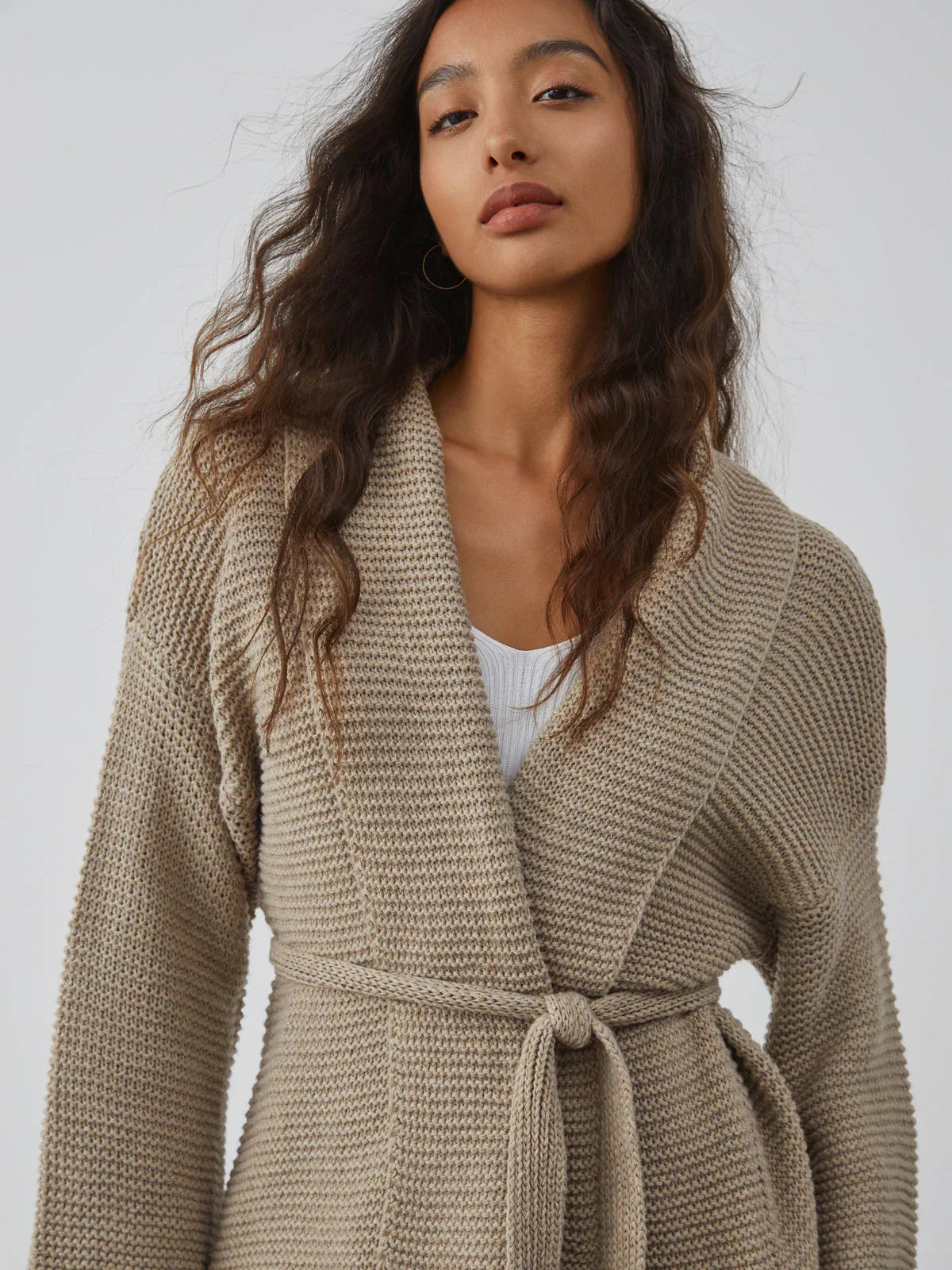 Taupe Tie Cardigan - LA FEMME WANDERER