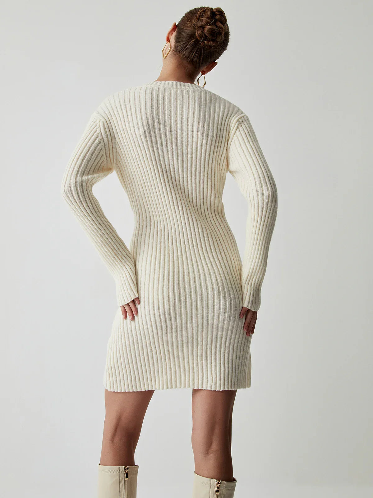 Rib Long Sleeve Short Sweater Dress - LA FEMME WANDERER