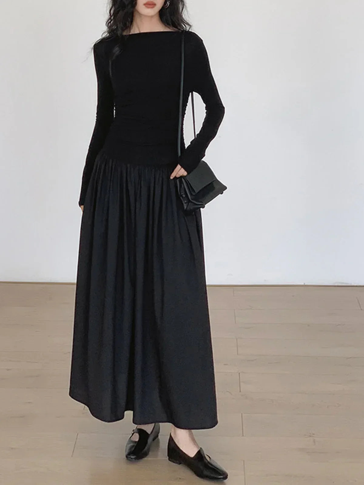 Pleated Patchwork Knit Long Sleeve Midi Dress - LA FEMME WANDERER