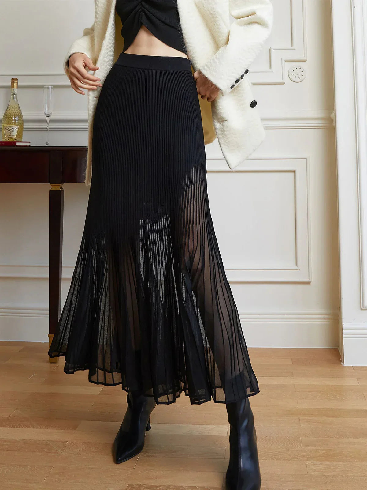 Knit Pleated Semi-sheer Maxi Skirt - LA FEMME WANDERER