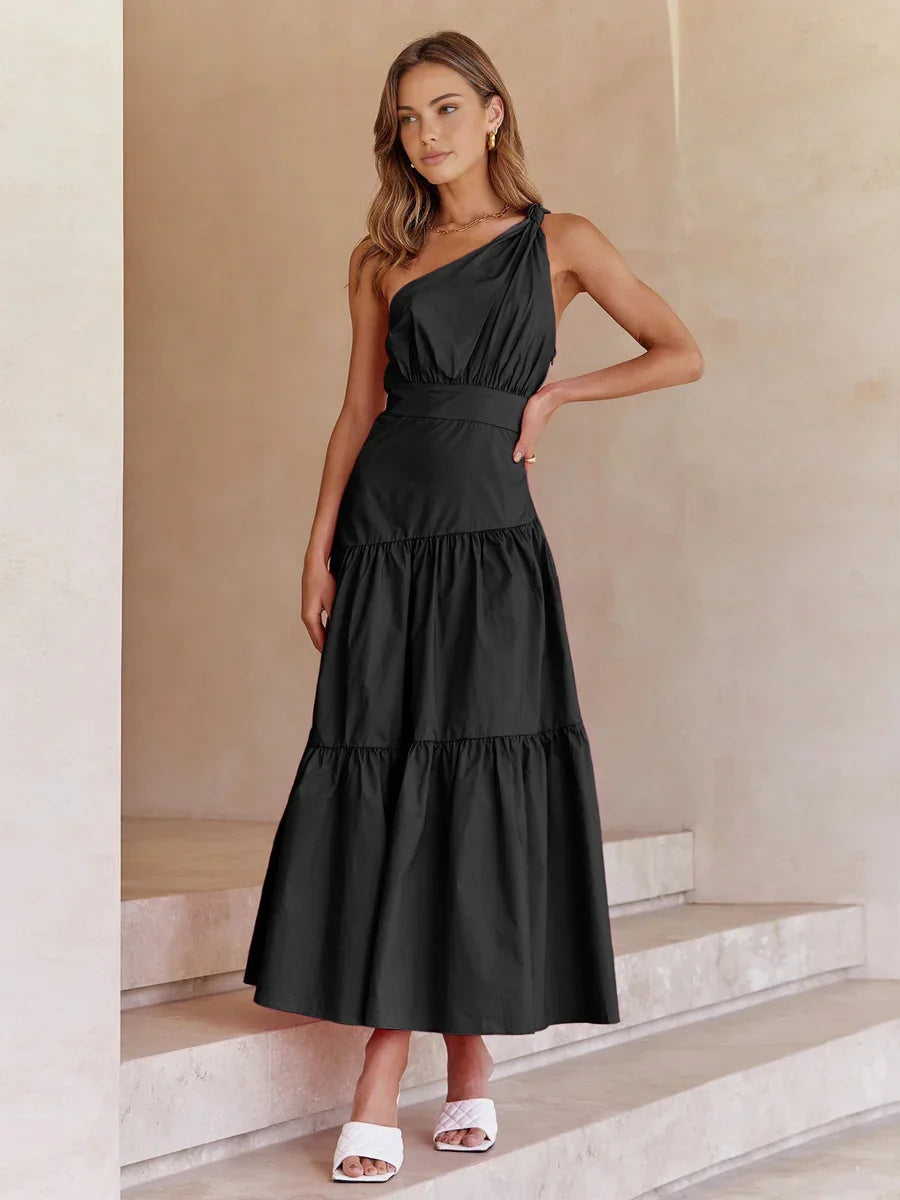 Asymmetric Shoulder Knotted Midi Dress - LA FEMME WANDERER