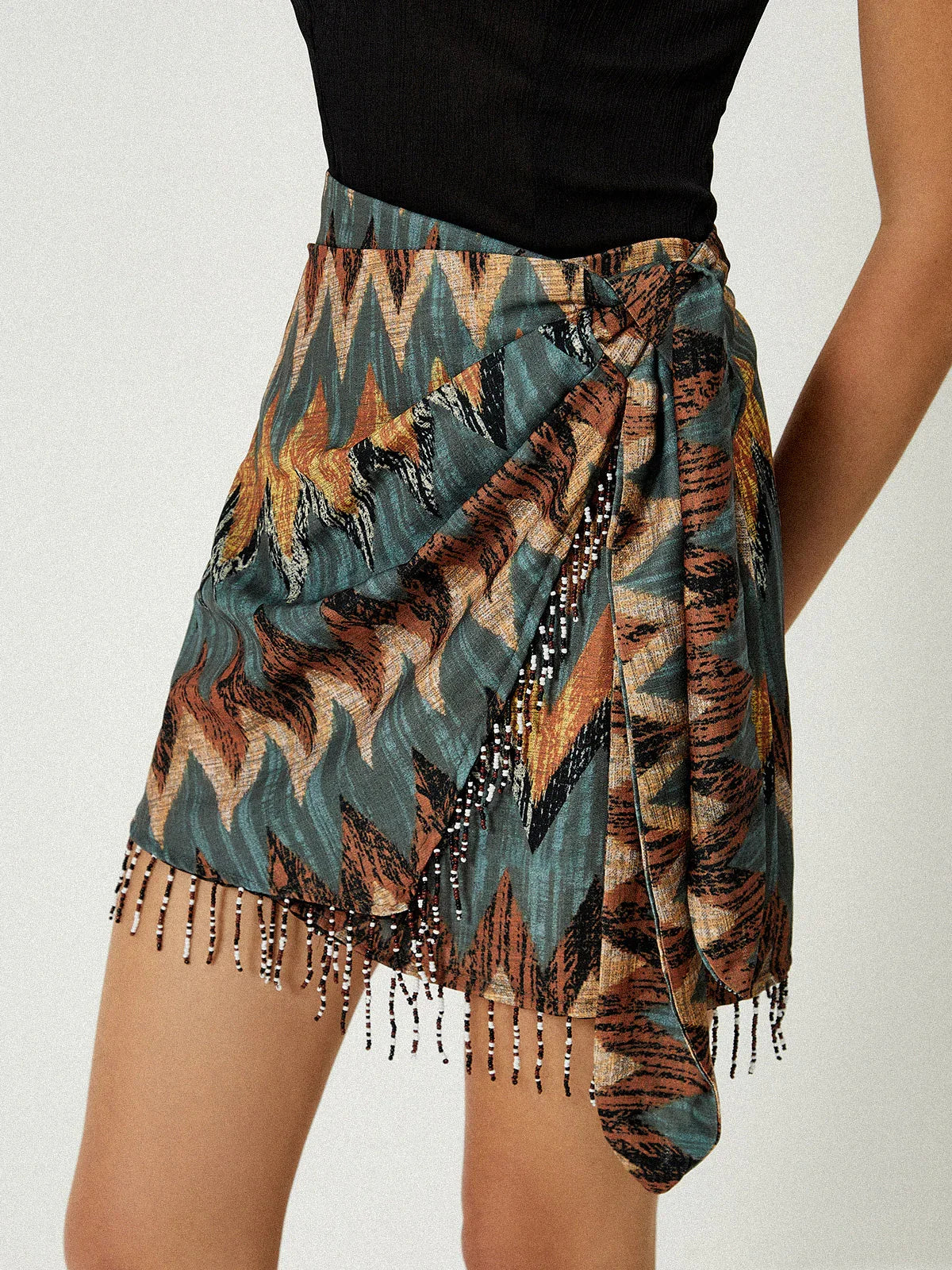 Print Tassel Hem Knotted Mini Skirt - LA FEMME WANDERER