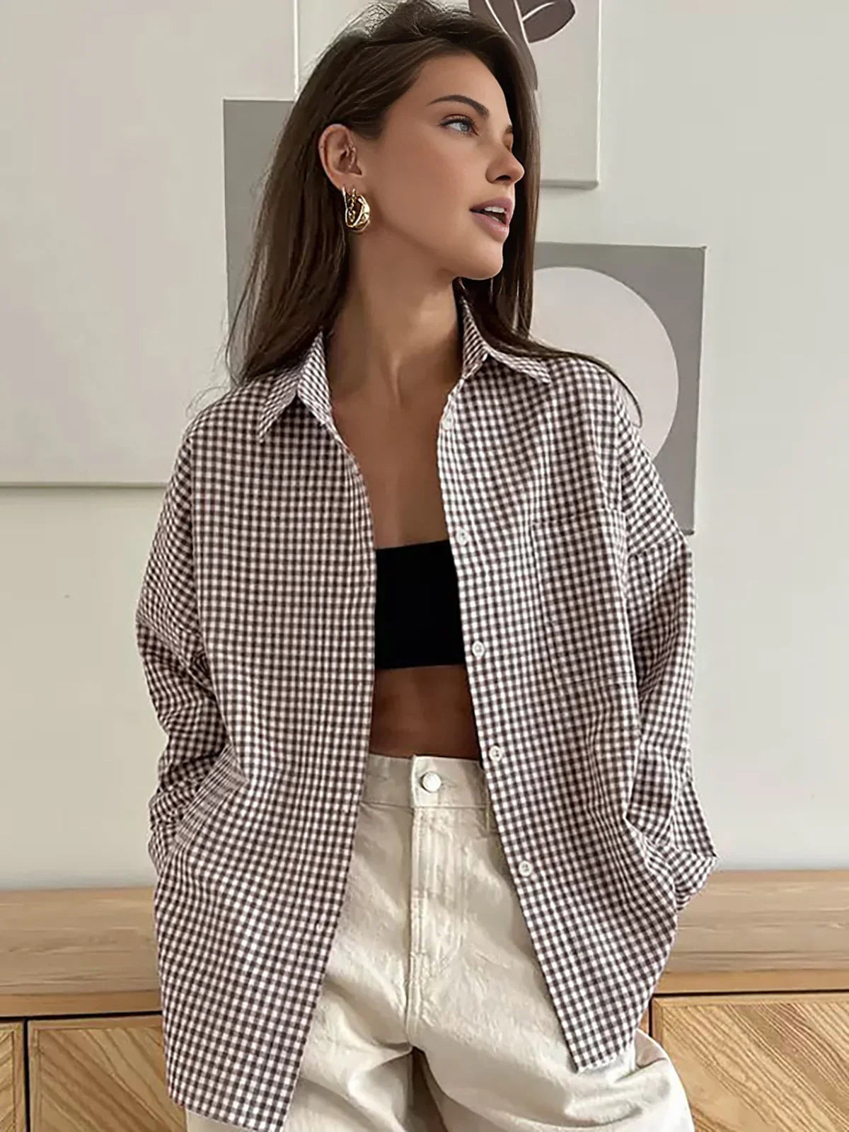 Cotton Plaid Lapel Versatile Shirt - LA FEMME WANDERER