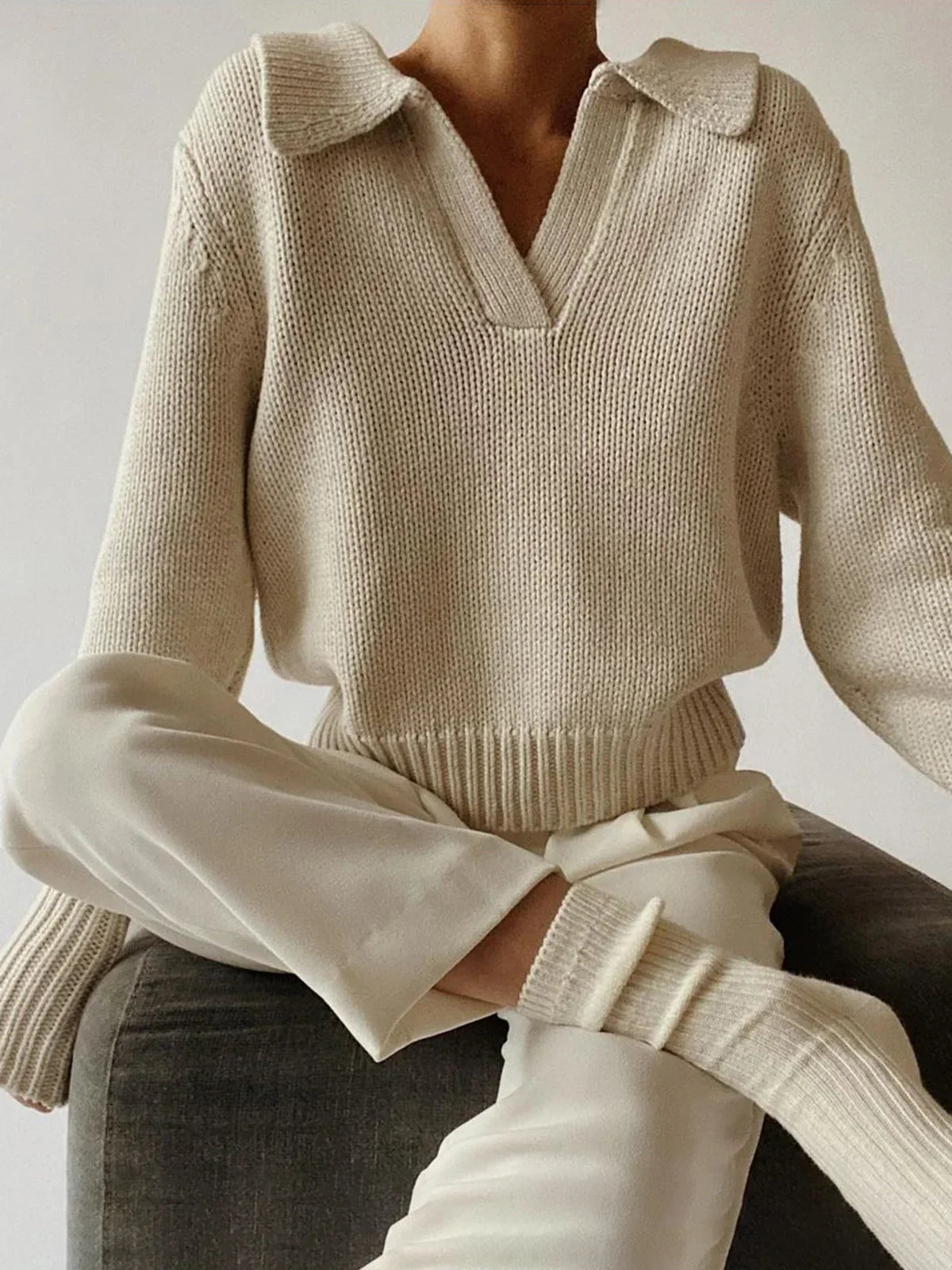 Lapel Ribbed Pullover Sweater - LA FEMME WANDERER