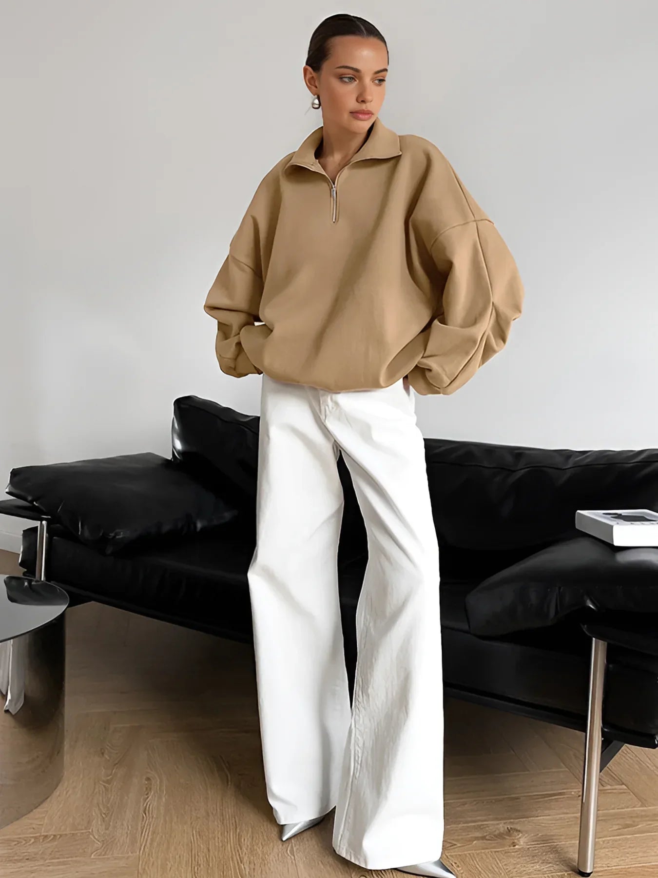 Lapel Zipper Pullover Sweatshirt - LA FEMME WANDERER