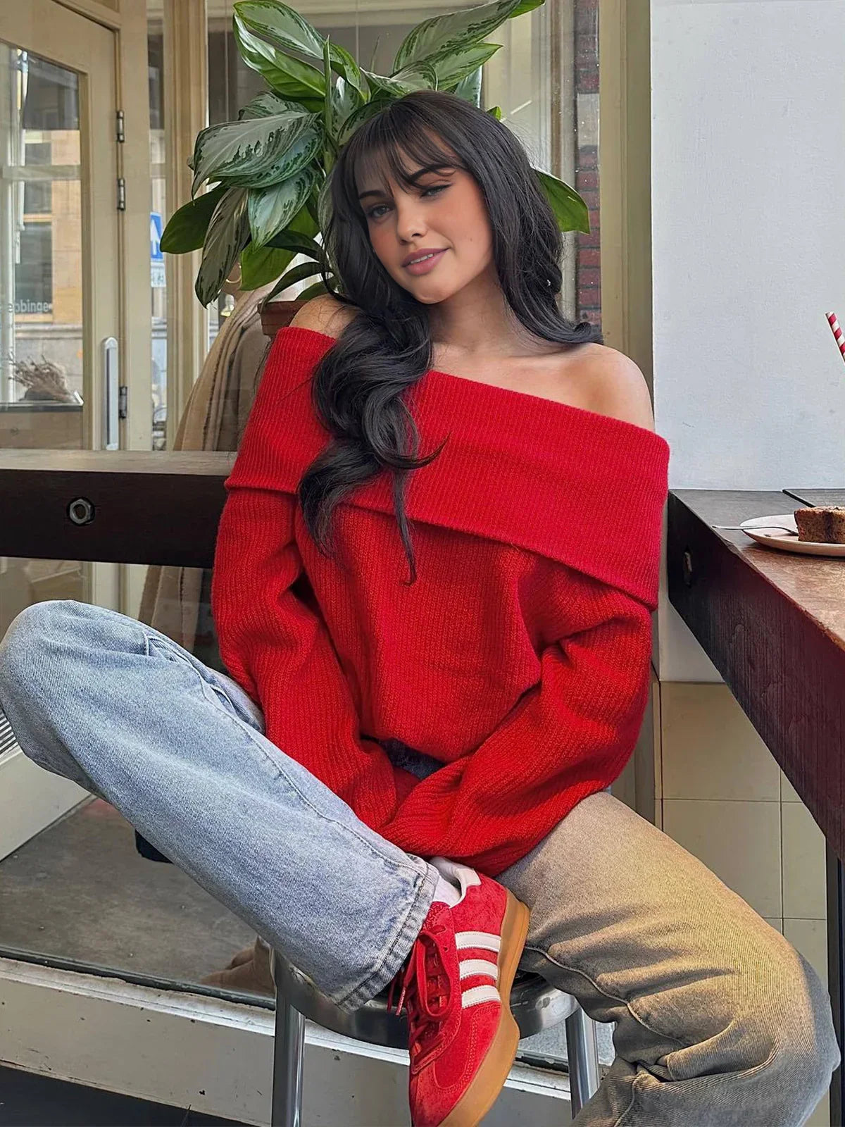 Off-Shoulder Loose Sweater - LA FEMME WANDERER