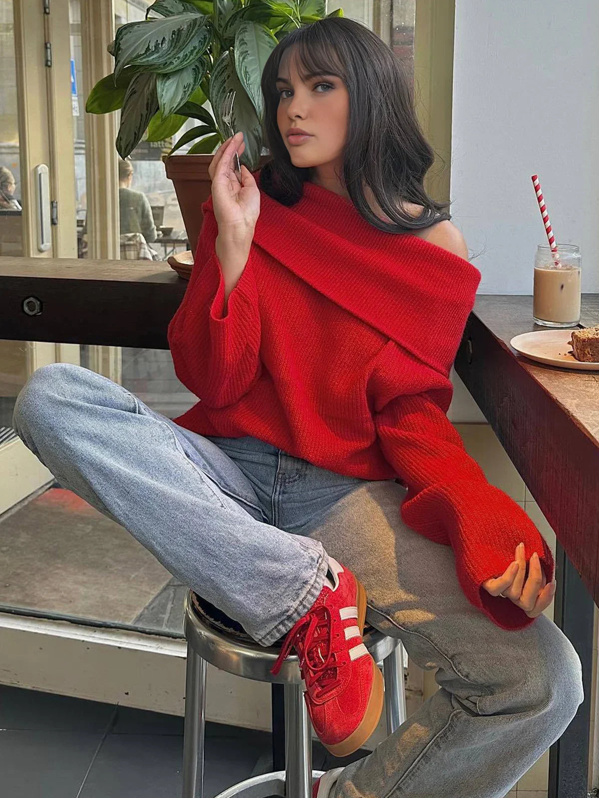 Off-Shoulder Loose Sweater - LA FEMME WANDERER