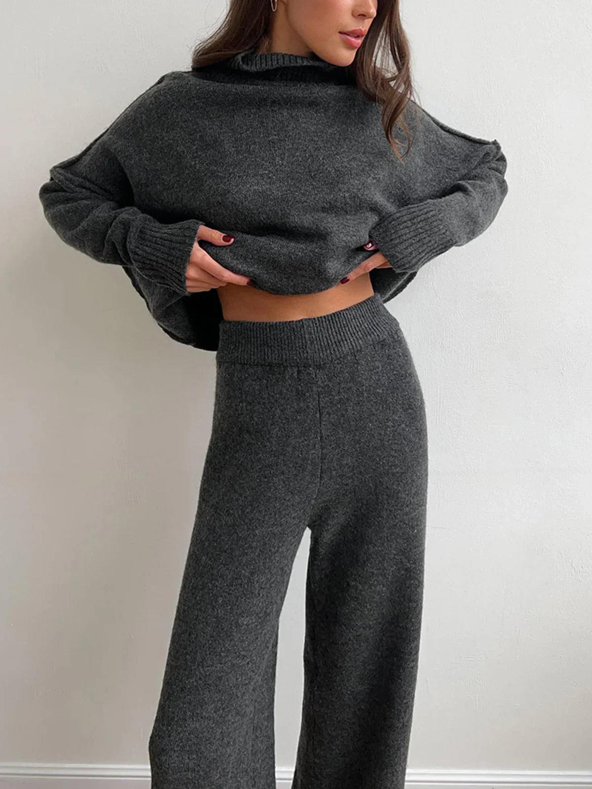 Plain Turtleneck Knit and Pants Set - LA FEMME WANDERER