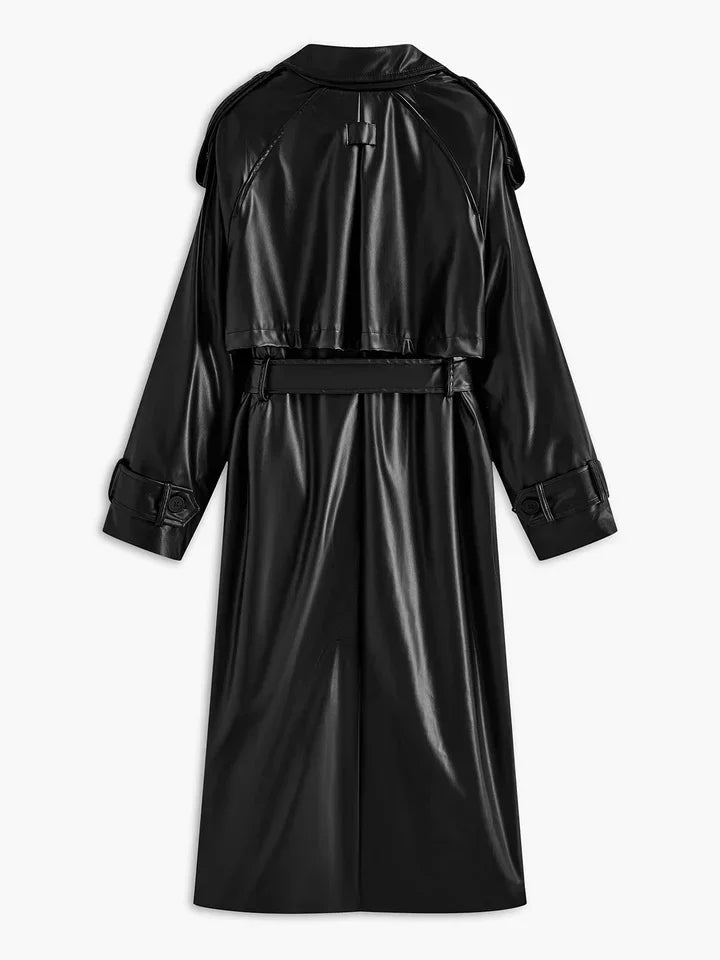 Belted Faux Leather Long Jacket - LA FEMME WANDERER