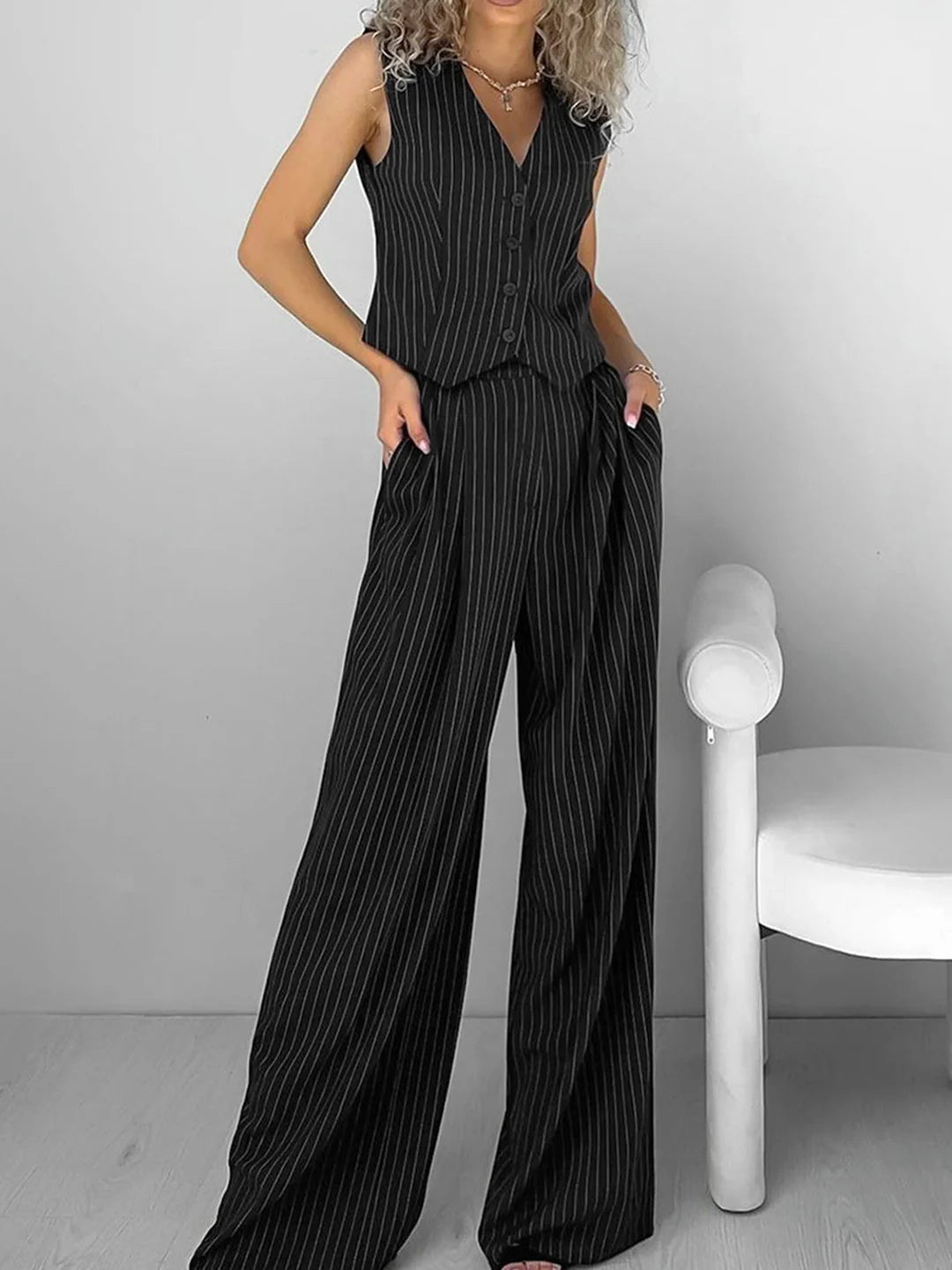 Relaxed Striped Vest & Pants Matching Set - LA FEMME WANDERER