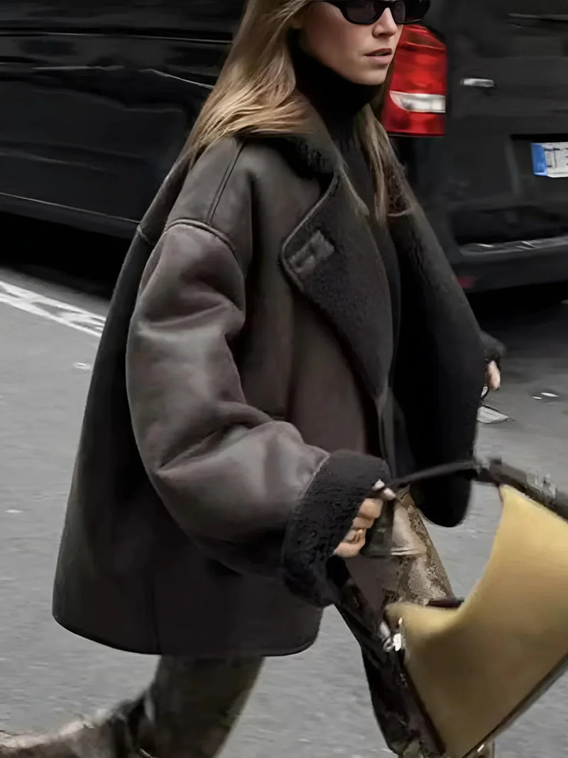 Lapel Faux Leather Warm Jacket