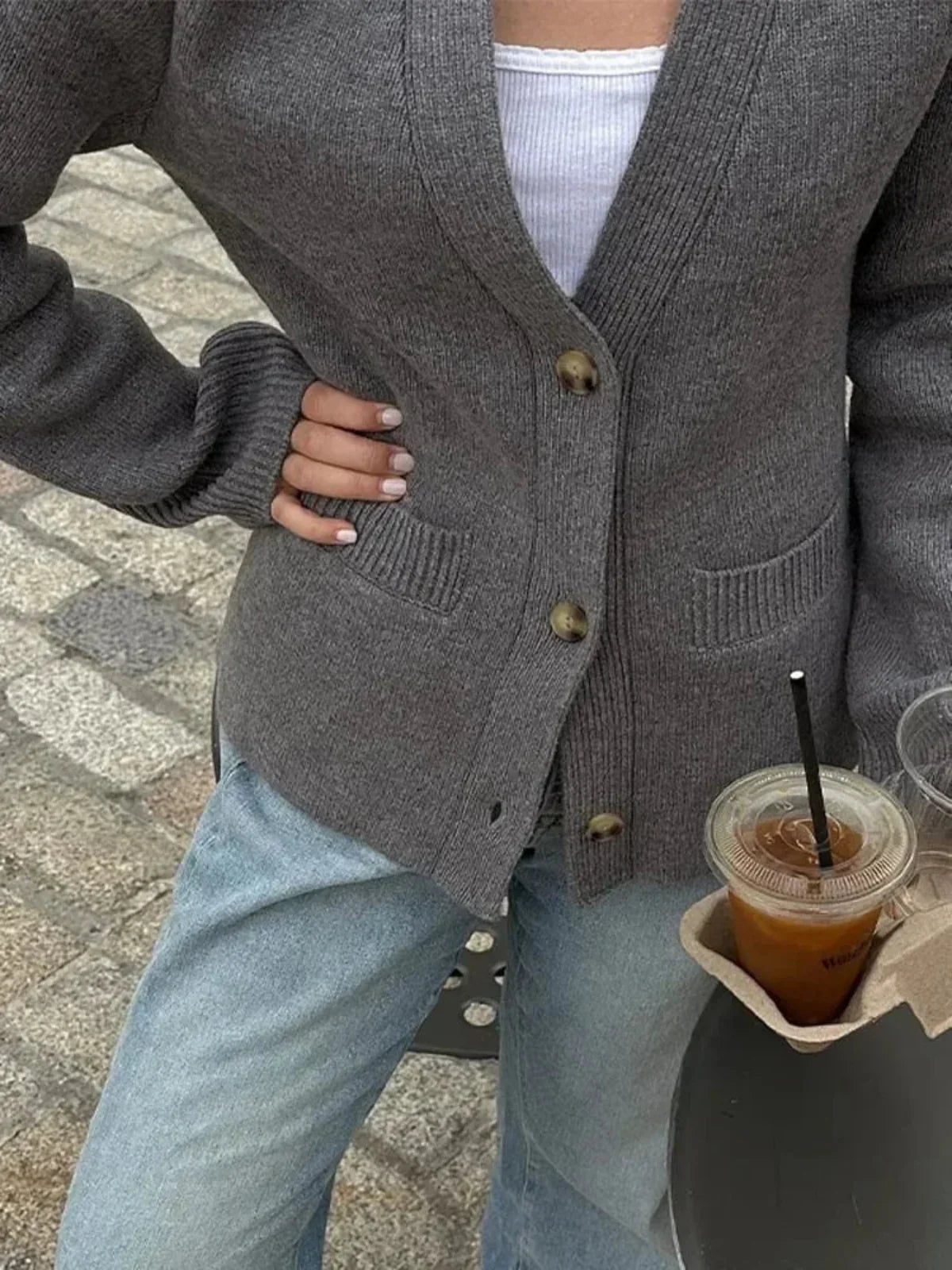 All-match V-neck Long-sleeved Knitted Cardigan - LA FEMME WANDERER