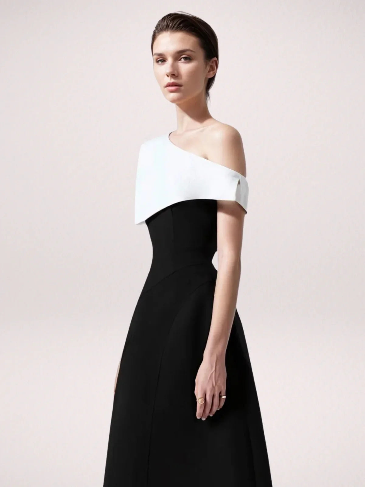 Classic Elegance Black And White Off-shoulder Dress - LA FEMME WANDERER