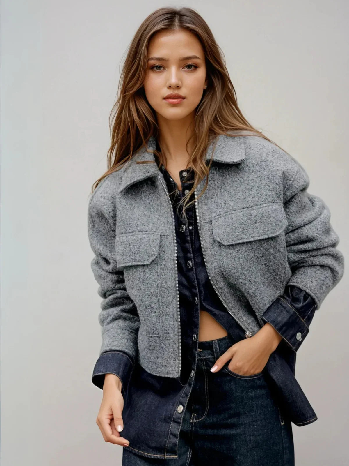 Casual Style Bouclé Grey Jacket - LA FEMME WANDERER