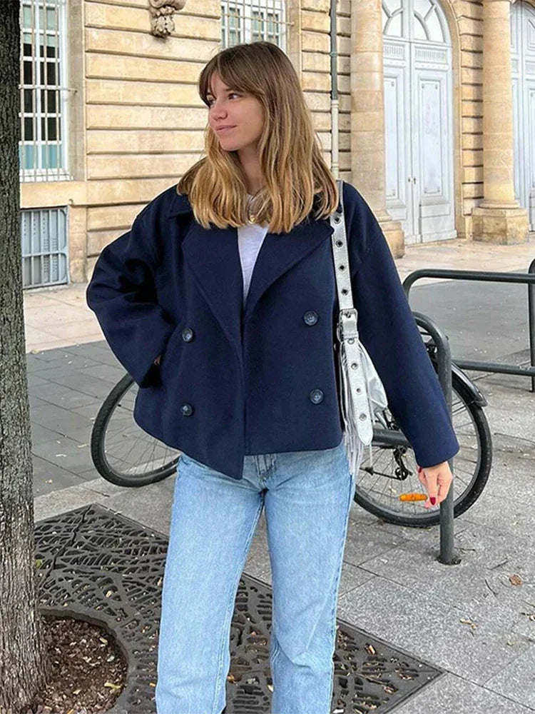 Wool Blend Lapel Double Breasted Long Sleeve Coat - LA FEMME WANDERER