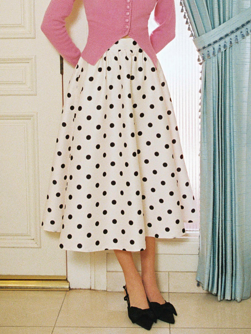 Mid Rise Polka Dot Pocket Ruffle Maxi Skirt