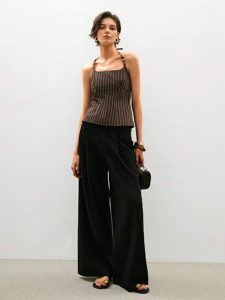 Mocha Pinstripe Beaded Halter Top
