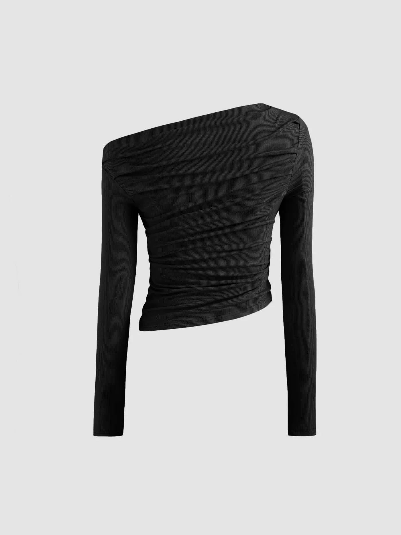 Solid Asymmetrical Neck Long Sleeve Top - LA FEMME WANDERER