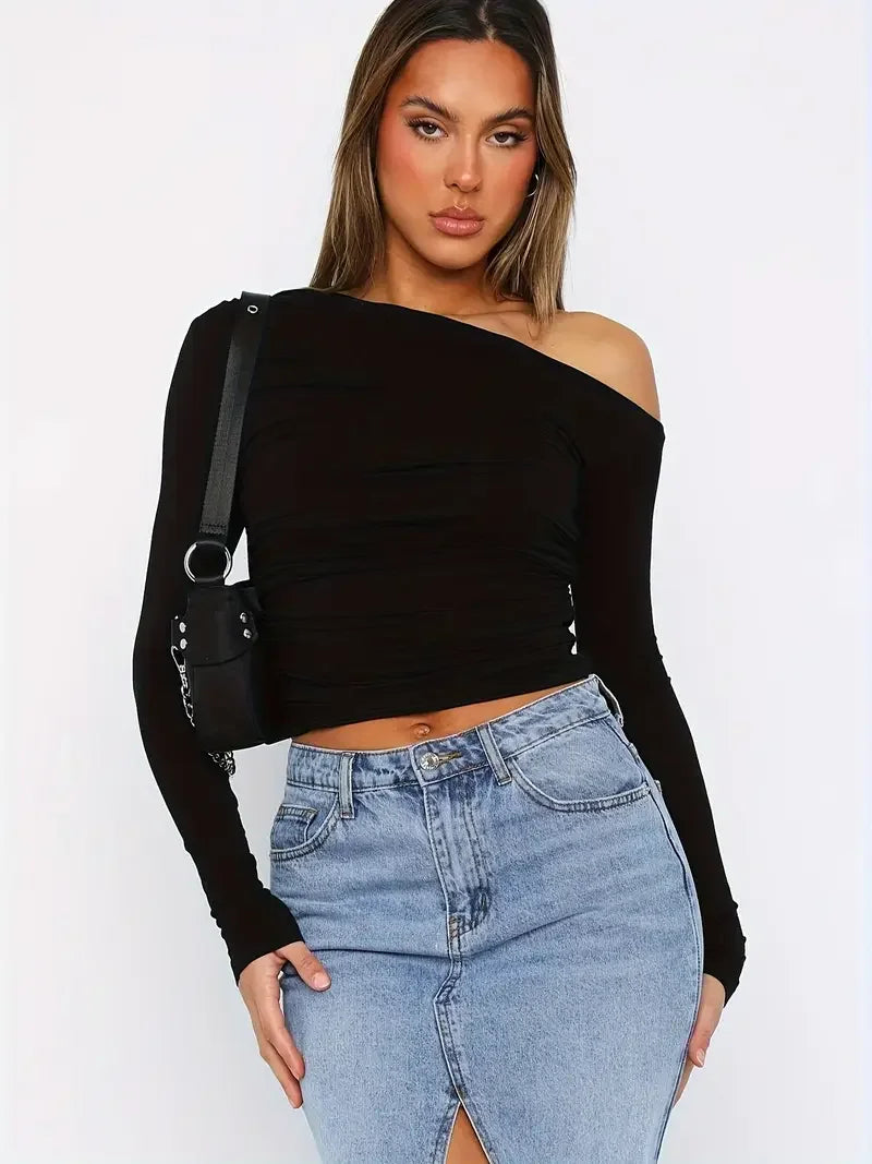 Effortless Style Long Sleeve One-shoulder Top - LA FEMME WANDERER