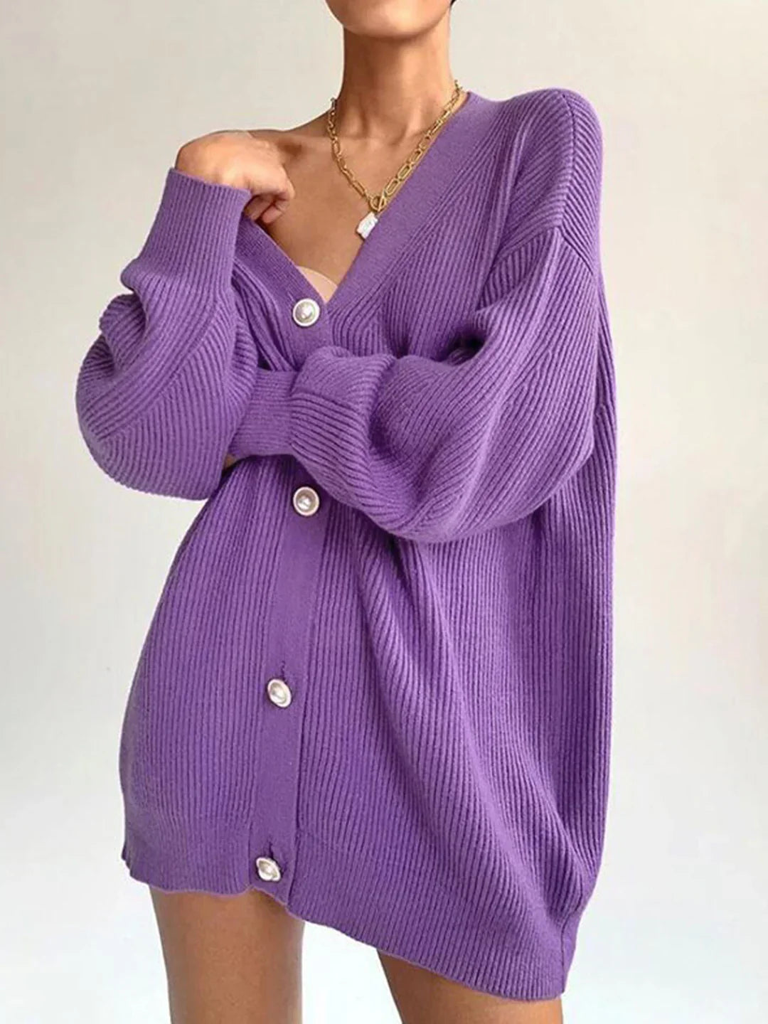 Solid Color Long-sleeved Pearl Oversized Cardigan - LA FEMME WANDERER