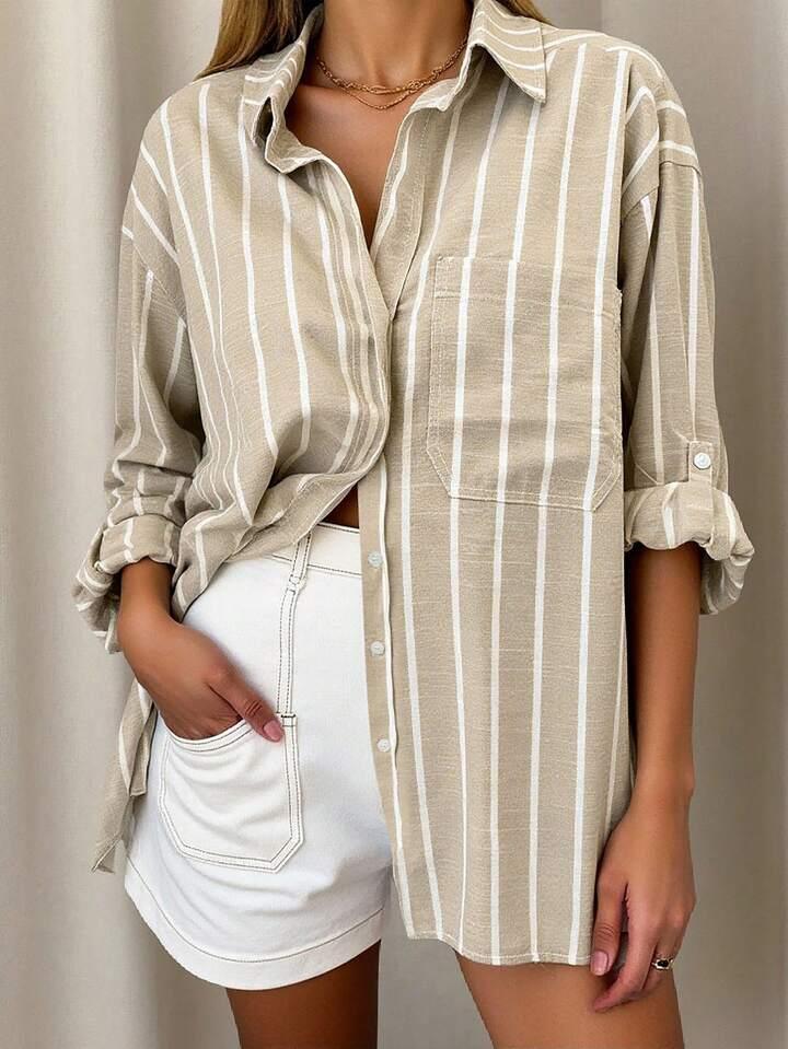 Beige Striped Button-Down Relaxed Shirt - LA FEMME WANDERER