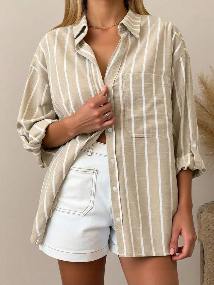 Beige Striped Button-Down Relaxed Shirt - LA FEMME WANDERER